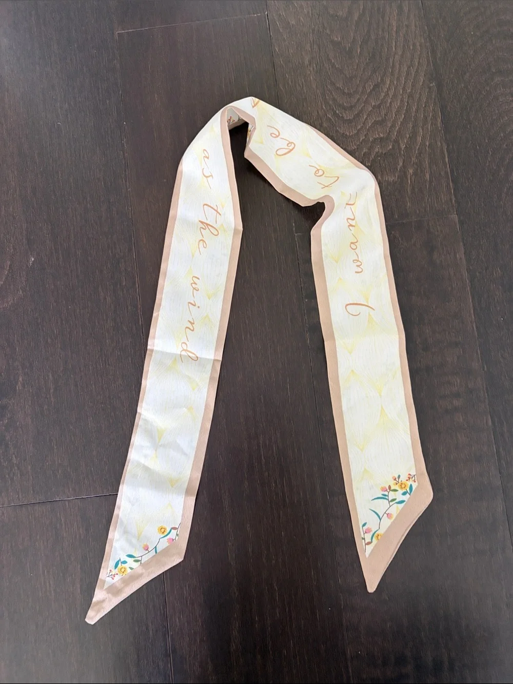 NWOT Floral Silk Twilly Scarf 35”x2.36” Beige & Yellow Dainty Hair purse ribbon